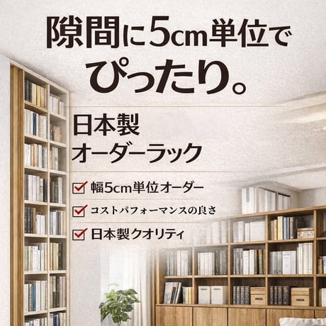 日本製 国産 セミオーダーラック 奥行19cm 幅50～90cm 高さ指定可 薄型 スリム 壁面収納 隙間収納 収納棚 木製 本棚 書棚 シェルフ オープンラック ディスプレイラック 子供部屋 特注