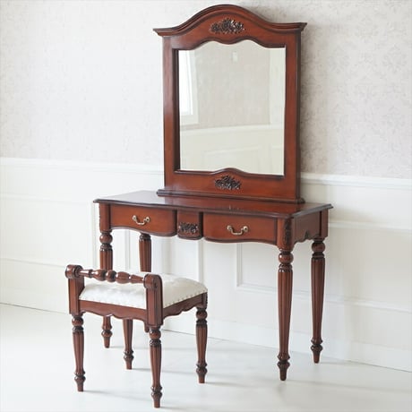 ドレッサー デスク テーブル 引き出し付き 化粧台 メイク台 コスメ 1面鏡 コンパクト 一人暮らし 猫脚 エレガント 高級感 アンティーク マホガニー 天然木 高級家具 ヨーロピアン ブラウン １