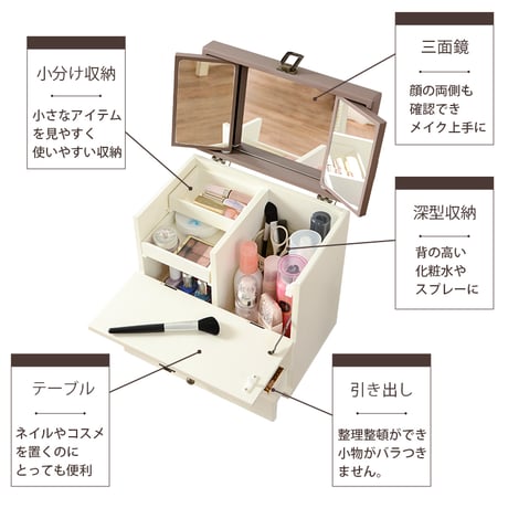 コスメボックス メイク メイクボックス ドレッサー デスク 収納 鏡台 化粧台 コンパクト 大容量 かわいい おしゃれ メイクボックス コスメボックス メイク ドレッサー 三面鏡
