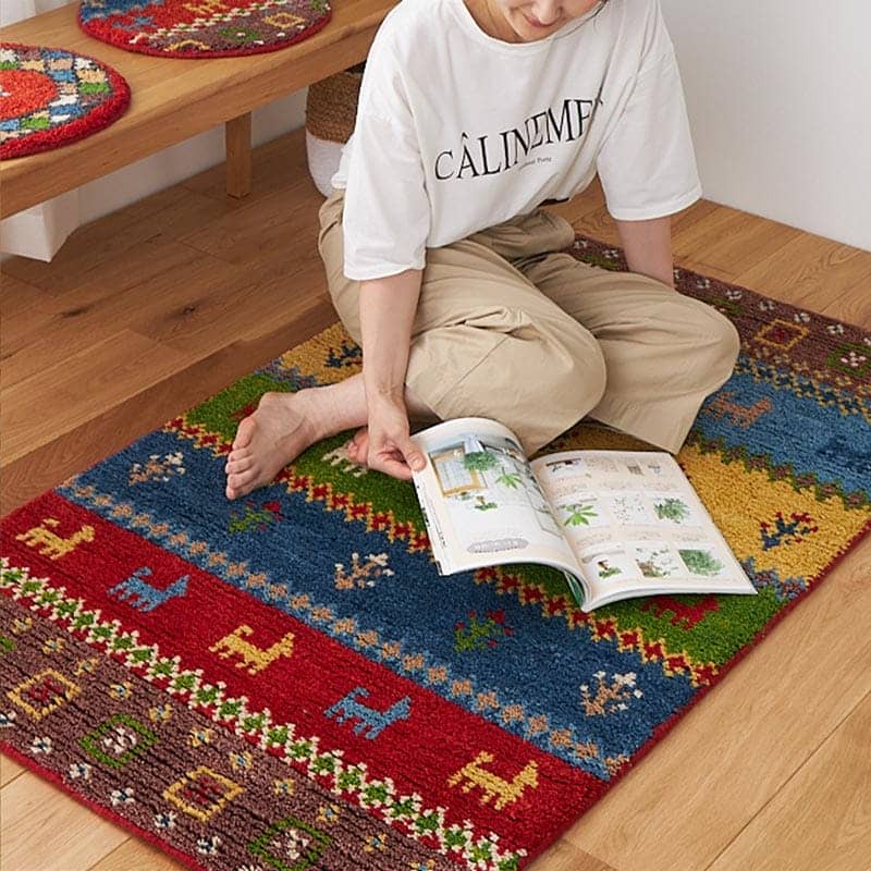 ギャッベ インド製 リビングサイズ 手織り 天然 ウール100% 長方形