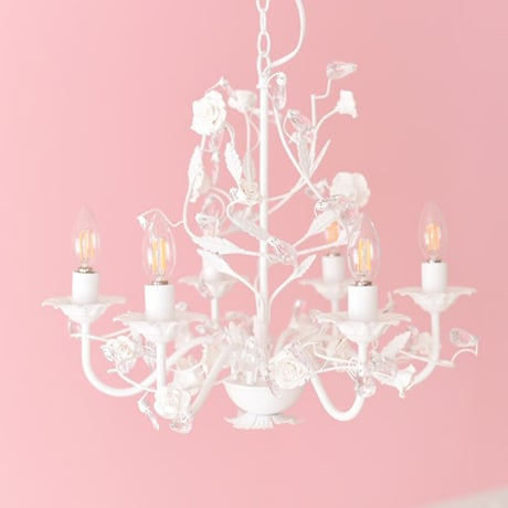 ロココ 調 シャンデリア LED電球付き 6灯 プリンセスホワイトROSE お手軽6灯シャンデリア 引っ掛けシーリング付き 簡単取り付け 天井照明 おしゃれ 6畳 ダイニング リビング 姫系 ローズ
