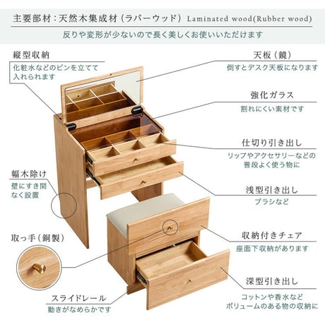 チェア付き　コンパクトマルチ収納ドレッサー 【Lund-ルンド-】