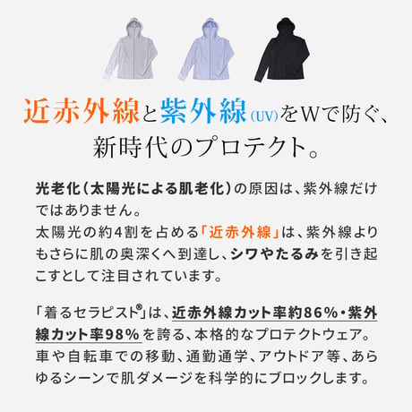 着るセラピストパーカー 日除け 日本製 近赤外線カット86％ 紫外線 UVカット98％ UPF50+ 遮熱 吸水速乾 おしゃれ 薄手 きれいめ かっこいい エイジングケア レディース セーレン ひよ