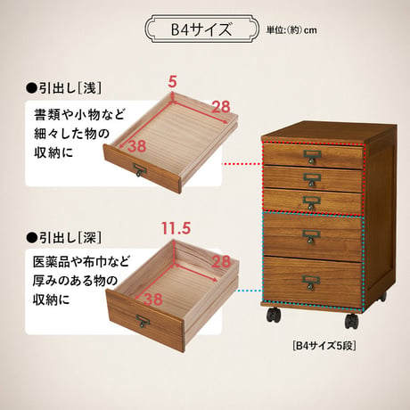 チェスト サイドチェスト 5段 A4 引き出し 引出し アンティーク 収納 おしゃれ 木製 木 ラック 書類 棚 小物入れ ワゴン キャビネット 9杯 キャスター付き キャスター