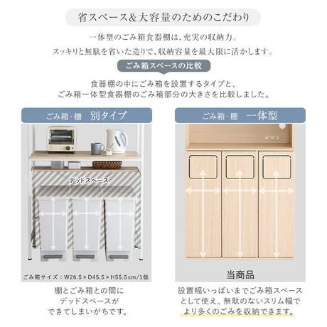 さわやかなごみ箱一体型食器棚　ごみ箱3つタイプ