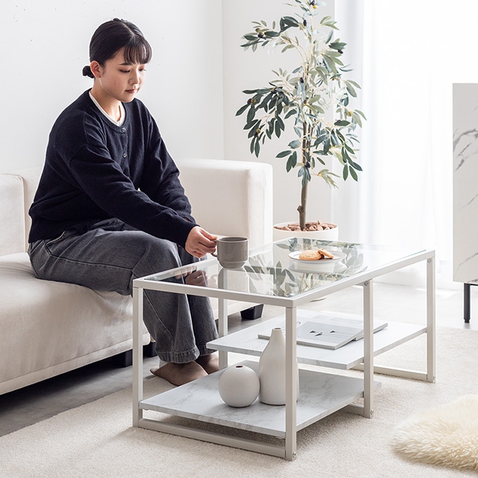 センターテーブル 幅80cm ガラス天板 ローテーブル リビングテーブル