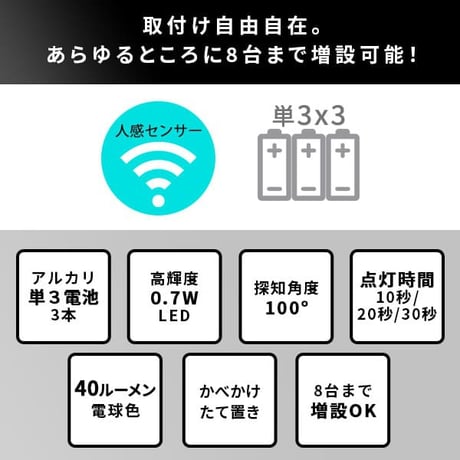 ワイヤレスセンサーライト2個入り どこでも センサー ライト センサーライト ワイヤレス 2個 2個セット 人感センサー 同時点灯 壁掛け たて置き 増設 取り付け自由自在 誘導等