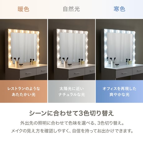 ドレッサー 幅75cm 女優ドレッサー 鏡付き ミラー付き スツールセット 椅子付き LEDライト付き 収納棚 デスク 机 引き出し収納 小物収納 雑貨収納 木目調 寝室 一人暮らし ホワイト
