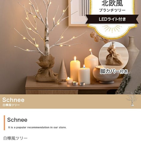 クリスマスツリー H60cm LEDライト付き 白樺風ツリー オーナメントセット Schnee シュネー ブランチツリー ミニツリー ツリー オーナメント イルミネーション 電池式
