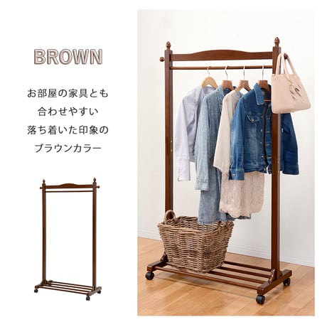 ハンガーラック キャスター付き 木製 ラバーウッド 幅90cm 奥行40cm 高さ154cm 棚付き コートハンガー 移動 衣類収納 洋服掛け 北欧 シンプル おしゃれハンガーラッ