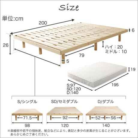 3段階高さ調節 脚付きすのこベッド ポケットコイルロールマットレス付き ダブルベッド ダブルサイズ ダブル Dサイズ マットレス付き マットレス ホワイトウォッシュ ナチュラル ブ