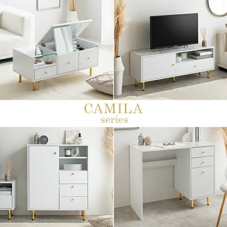 デスク PCデスク パソコンデスク 勉強机 机 つくえ テーブル ドレッサー Camilla カミラ 大理石柄 収納 引き出し コンパクト スリム コンセント穴 省スペース 小さめ 大理石調 コード収