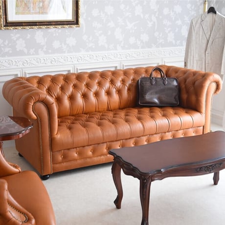輸入家具 チェスターフィールド ソファ 3人掛け 三人掛け アンティーク コンパクト チェスターフィールド ソファー ヴィンテージ レザー 本革調 チェスターフィールドソファ ブラック 黒色 ダーク