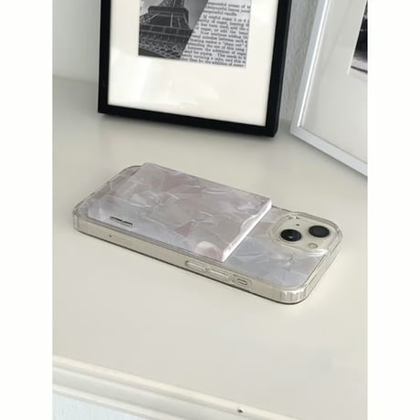 [Mag Safe] White Silver Ballet Core Ribbon Spring Card Pocket
