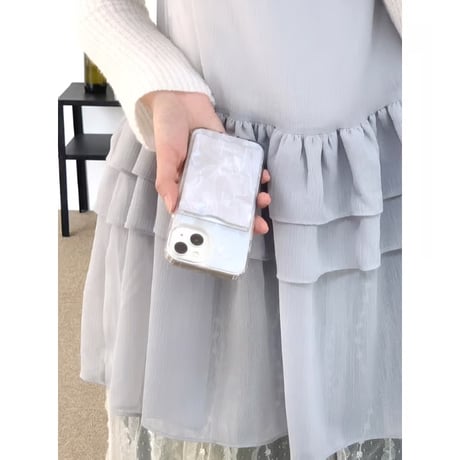 [Mag Safe] White Silver Ballet Core Ribbon Spring Card Pocket