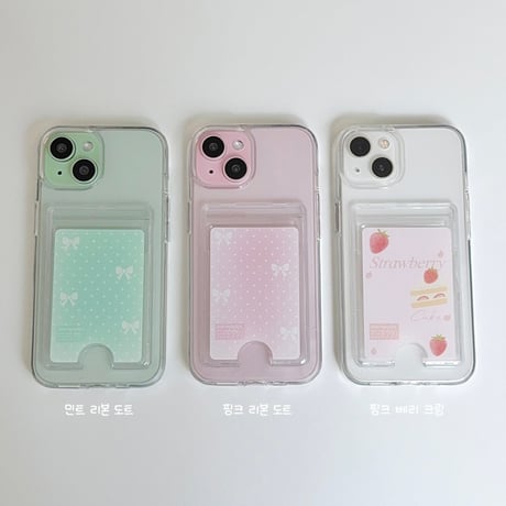 Transparent Card Pocket Case Mint ribbon Dot