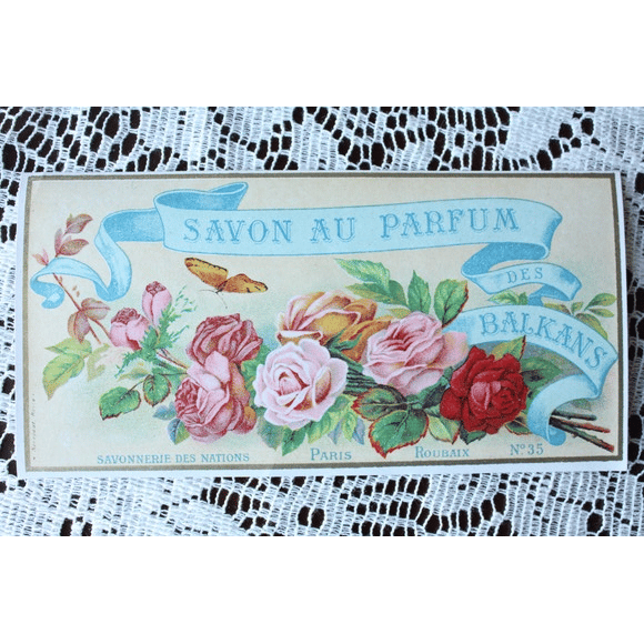アンティーク　ロココ　リボン　バラの花　シルク　フランス　【入手困難】1m フランス アンティークサボンラベル 薔薇と蝶々 [la056] | shanachie