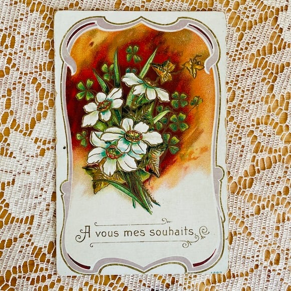 フランス アンティークポストカード 白い花とクローバー 未使用 [s018f