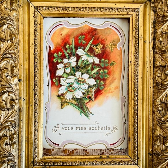 フランス アンティークポストカード 白い花とクローバー 未使用 [s018f