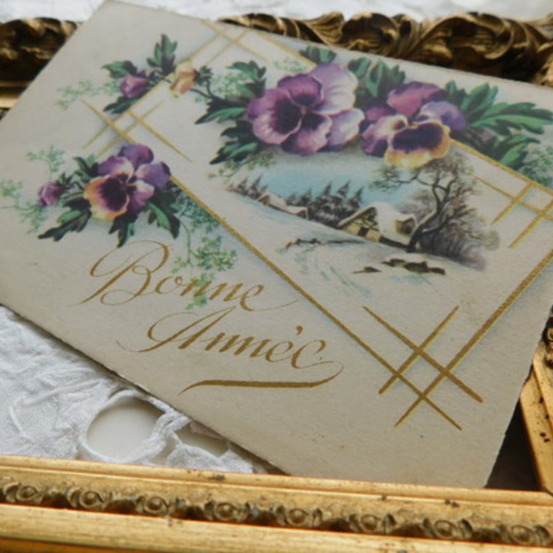 フランス 古いポストカード 雪景色とパンジー 1950 [s074f] | shanachie