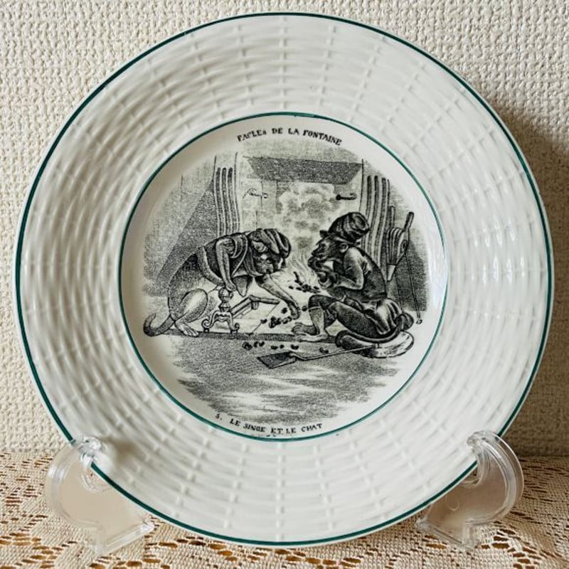 フランスアンティーク　サルグミンヌ　グリザイユプレート フランス グリザイユのトーキングプレート FABLES DE LA FONTAINE サル