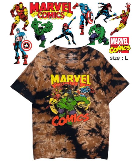 MARVEL　Tシャツ　L 　黒 × 茶色 × ベージュ　ダイタイ柄　USA古着