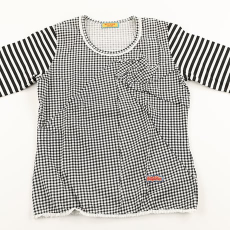 00’s BETTY’S BLUE ベティーズブルー ギンガムチェック＆ボーダーストライププリントデザインカットソー  9号(M)サイズ ブラック/ホワイト（ジャンク商品）