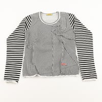 00’s BETTY’S BLUE ベティーズブルー ギンガムチェック＆ボーダーストライププリントデザインカットソー  9号(M)サイズ ブラック/ホワイト（ジャンク商品）