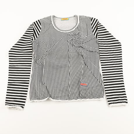 00’s BETTY’S BLUE ベティーズブルー ギンガムチェック＆ボーダーストライププリントデザインカットソー  9号(M)サイズ ブラック/ホワイト（ジャンク商品）