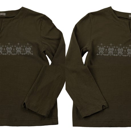 00’s V・E・S 胸プリントボートネックロングTシャツ フリーサイズ オリーブ（ジャンク商品）