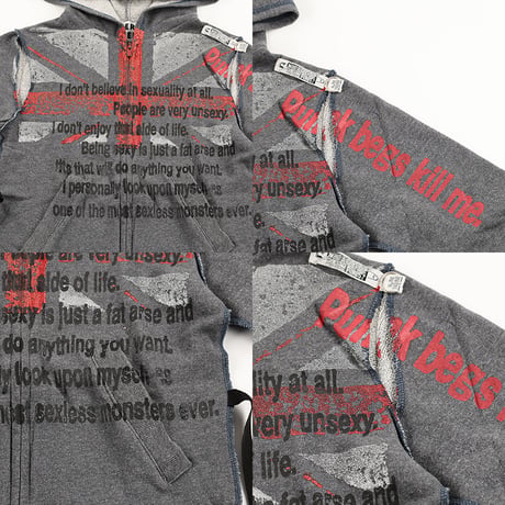 00’s HERE THERE ヒアゼア ロンドンパンクフーディーカットソー  フリーサイズ チャコールグレー（ジャンク商品）