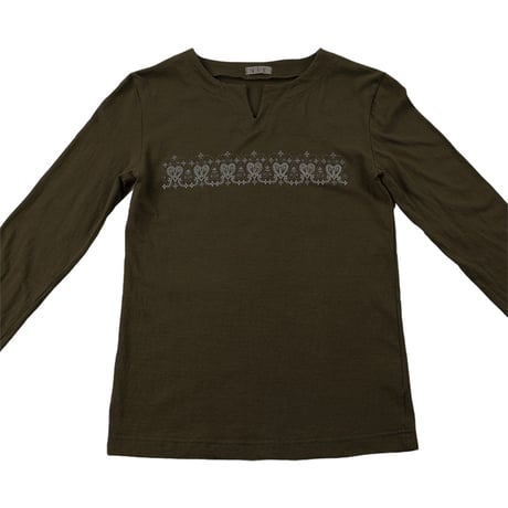 00’s V・E・S 胸プリントボートネックロングTシャツ フリーサイズ オリーブ（ジャンク商品）