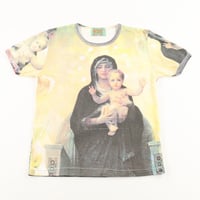 90’s OUT OF TIME WORK GREEN LABEL 総柄マリア様プリントTシャツ FREEサイズ クリームイエローベース（ジャンク商品）