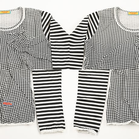 00’s BETTY’S BLUE ベティーズブルー ギンガムチェック＆ボーダーストライププリントデザインカットソー  9号(M)サイズ ブラック/ホワイト（ジャンク商品）
