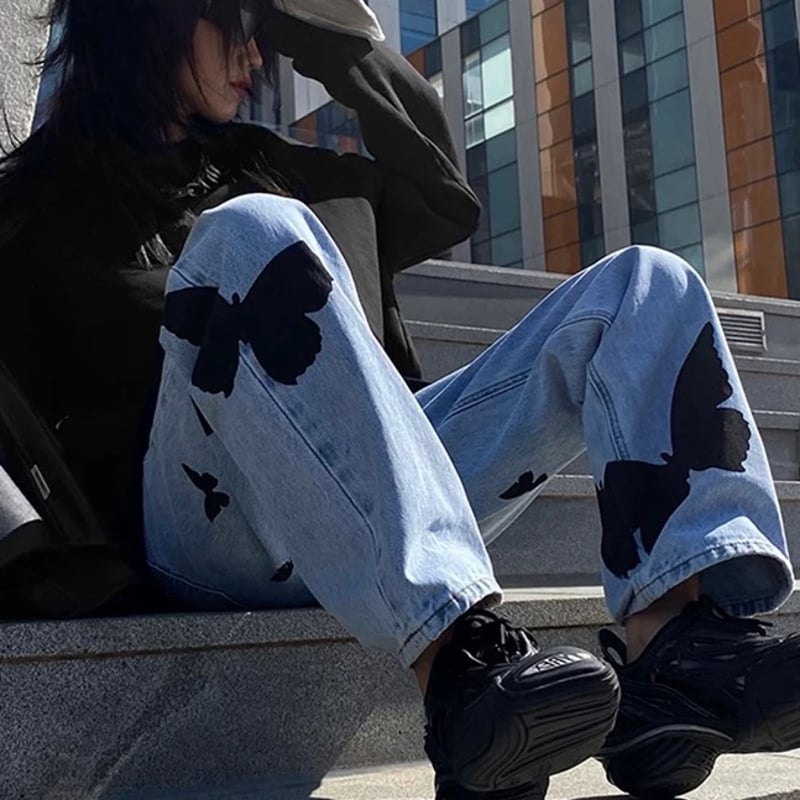 XLサイズ即納】バタフライ 蝶 プリント デニム butterfly denim Pant