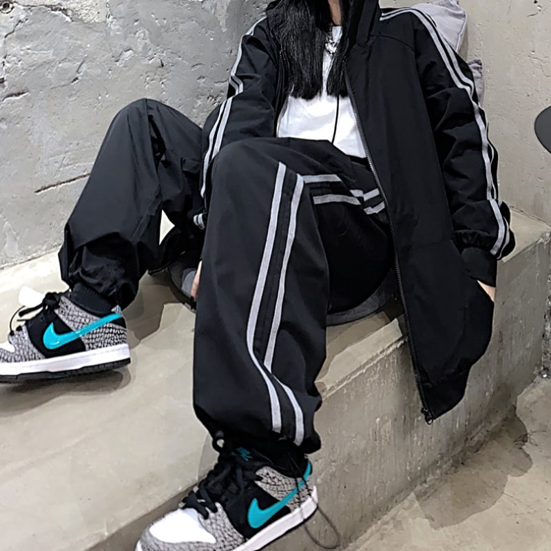 ブラックLサイズ即納】ジャージ ラインセットアップ フード 前開き