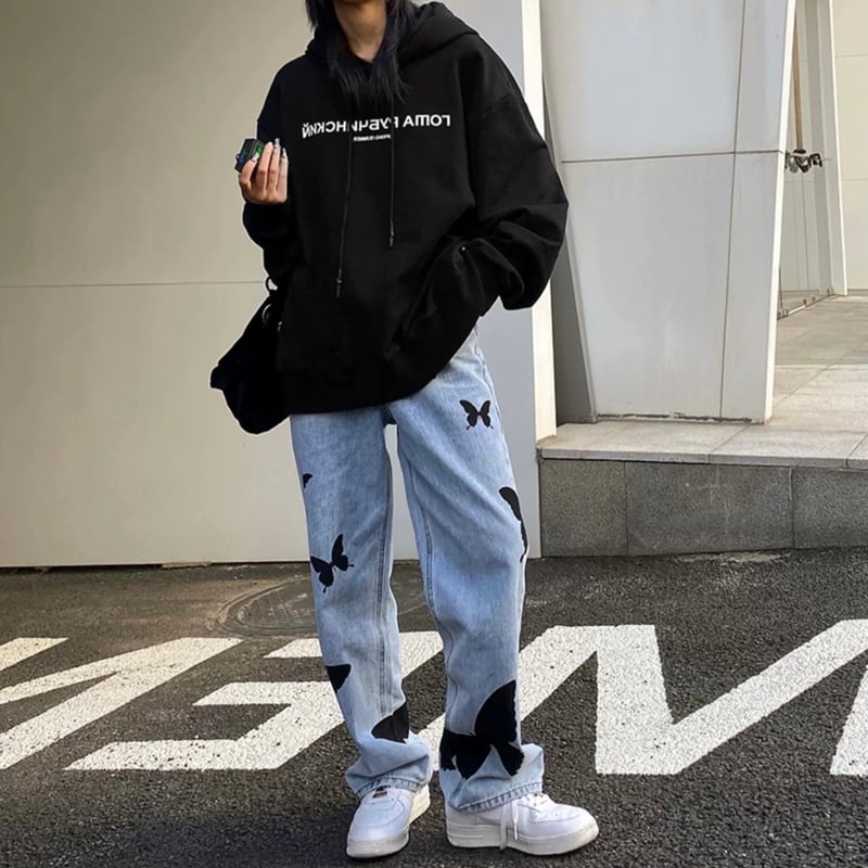 XLサイズ即納】バタフライ 蝶 プリント デニム butterfly denim Pant