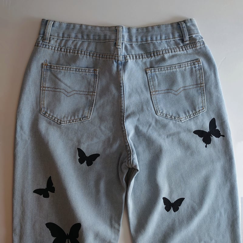 XLサイズ即納】バタフライ 蝶 プリント デニム butterfly denim Pant