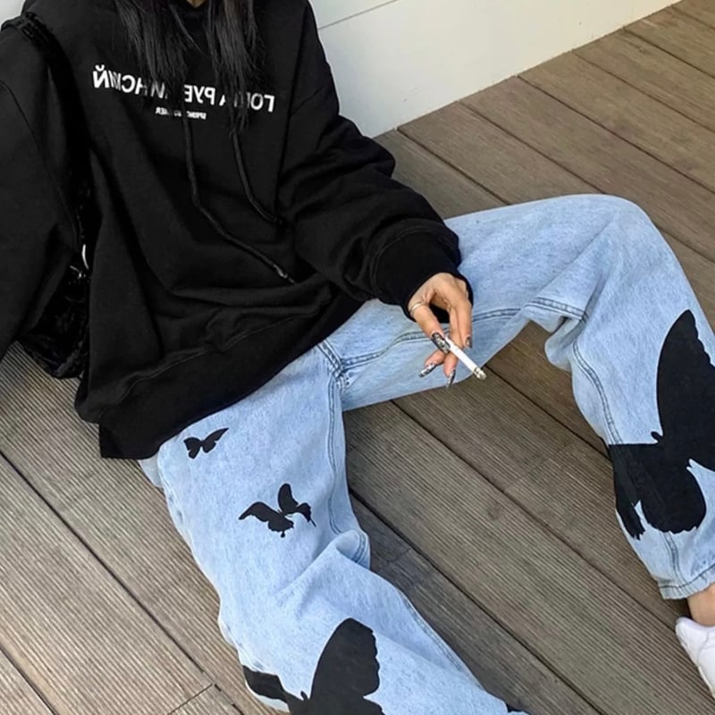XLサイズ即納】バタフライ 蝶 プリント デニム butterfly denim Pant