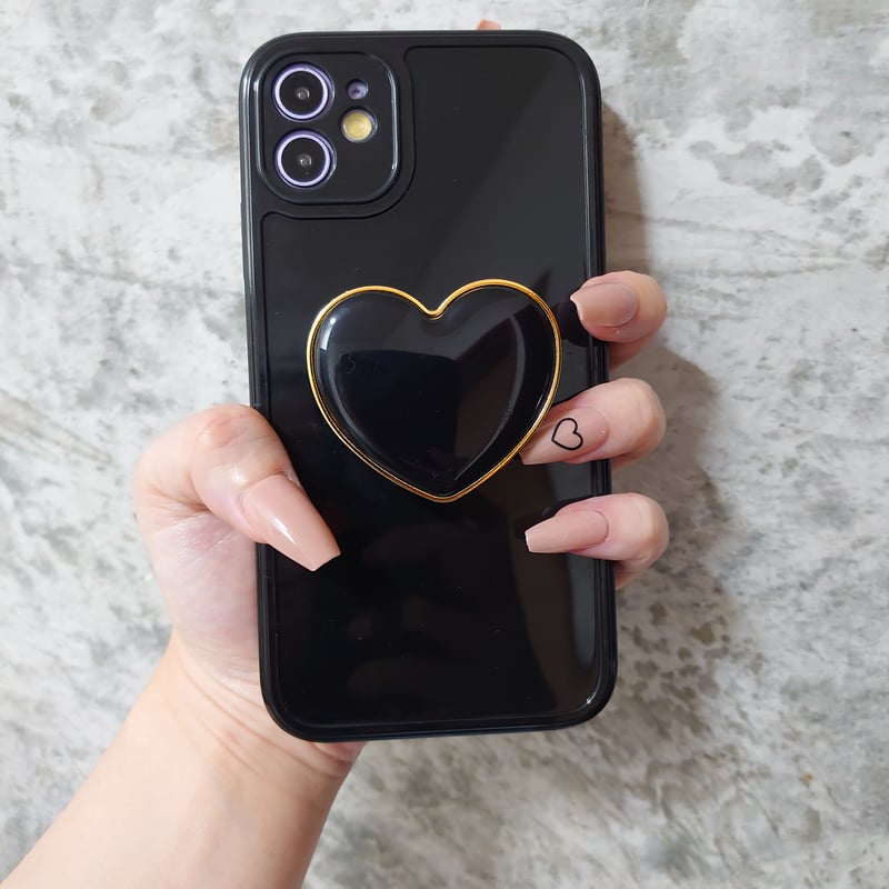 即納】iPhoneケース Black Heart Ot86 ハートグリップ付き ブラック シ