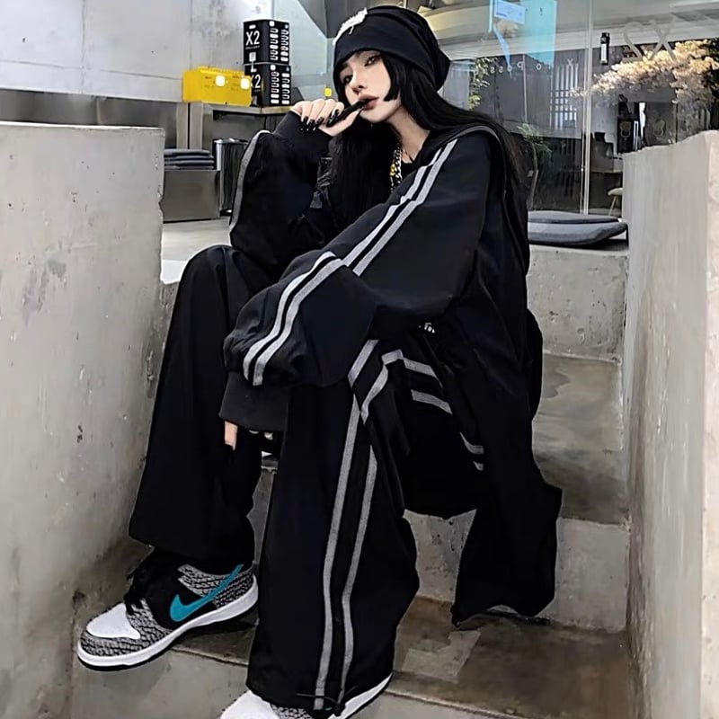 ブラックLサイズ即納】ジャージ ラインセットアップ フード 前開き