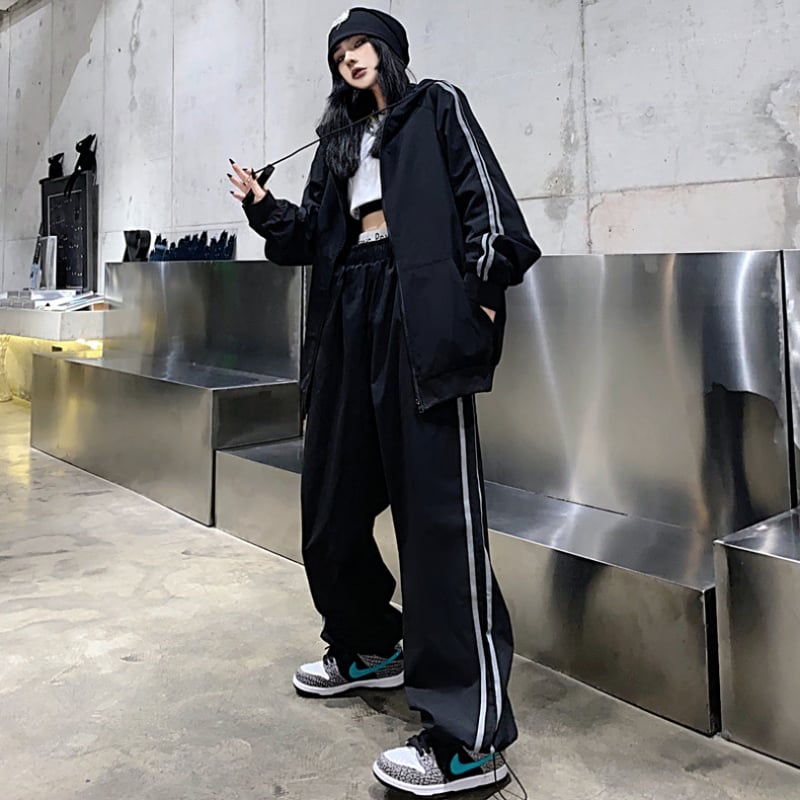 ブラックLサイズ即納】ジャージ ラインセットアップ フード 前開き