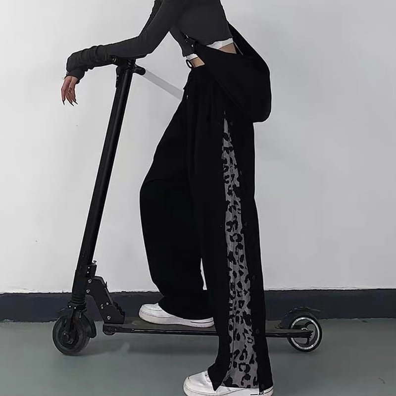ブラック即納】leopard line pants Bt87 レオパード ヒョウ柄 ラインパ