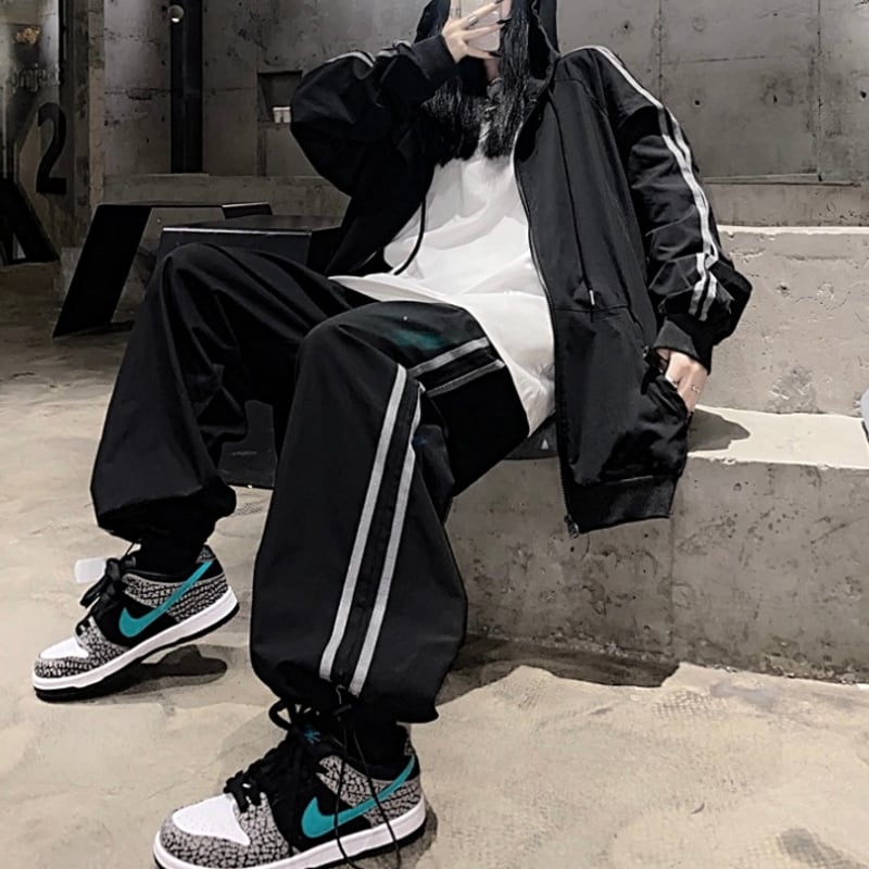 ブラックLサイズ即納】ジャージ ラインセットアップ フード 前開き