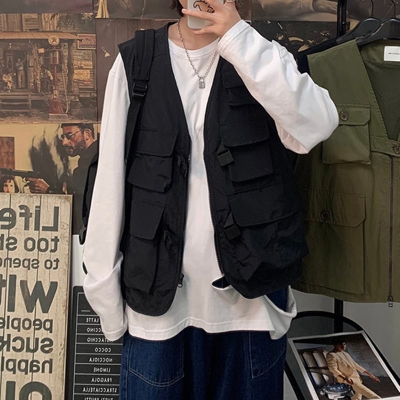 ブラックS即納】Pocket vest T268 多ポケットベスト | 韓国