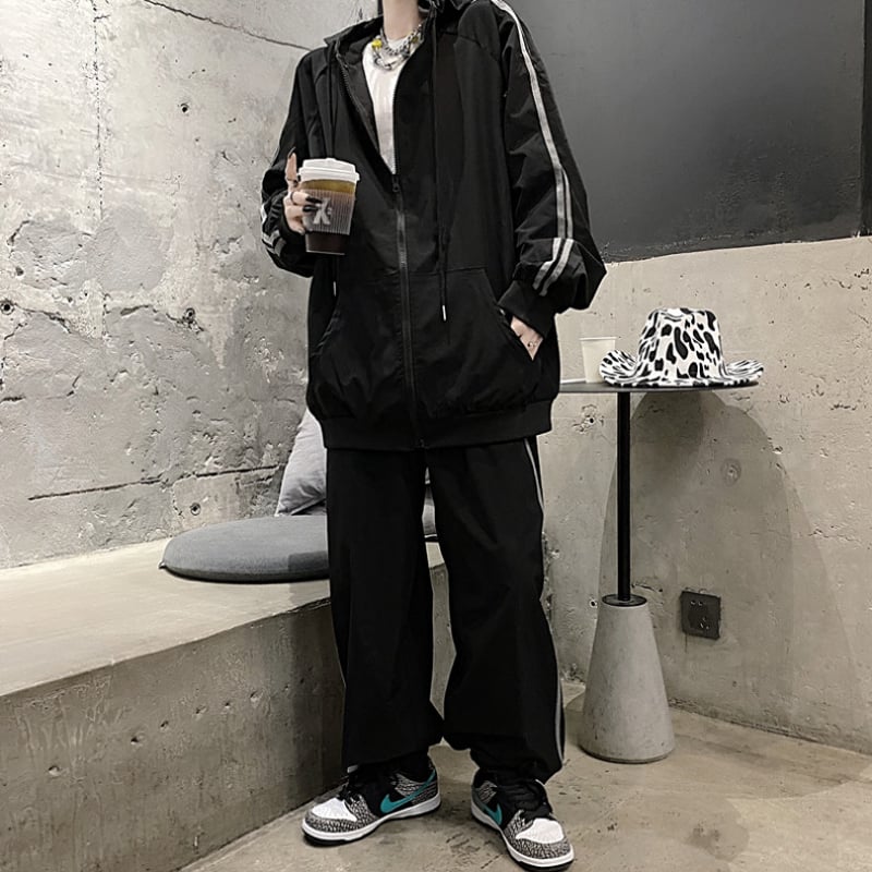 ブラックLサイズ即納】ジャージ ラインセットアップ フード 前開き