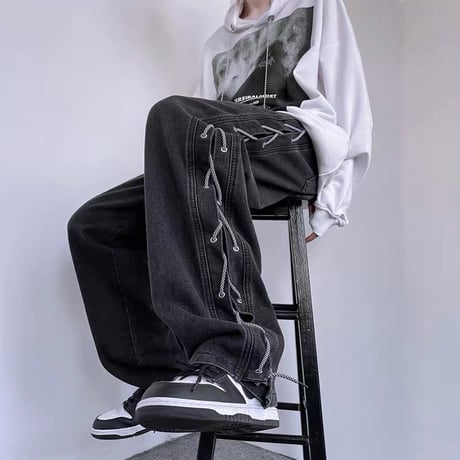 【ブラック即納】lace up Denim Bt211 レースアップ デニム