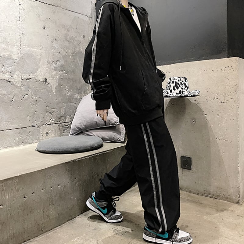 ブラックLサイズ即納】ジャージ ラインセットアップ フード 前開き