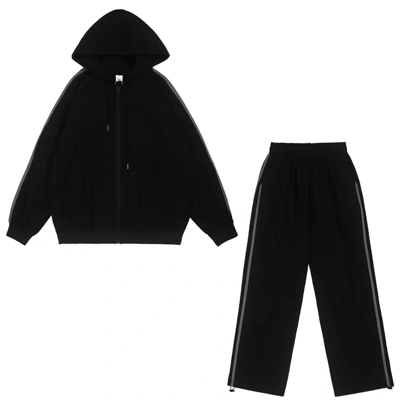 ブラックLサイズ即納】ジャージ ラインセットアップ フード 前開き