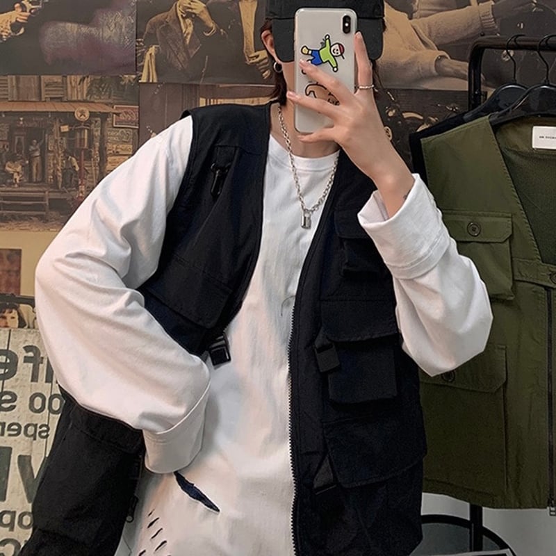ブラックS即納】Pocket vest T268 多ポケットベスト | 韓国